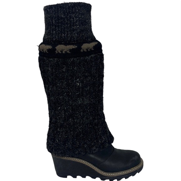Sorel Crazy Cable Wedge Knit Winter Boots Leather Size 39.5 or 8.5 Black Tall - Picture 3 of 9